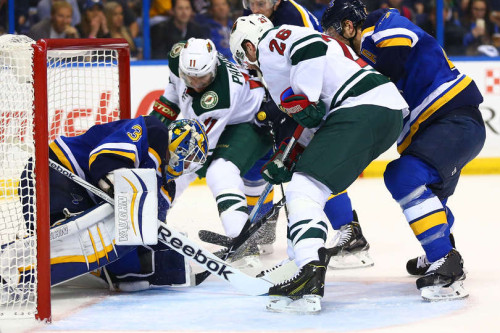 The Blues-Wild series is going to be a battle like the one in front of Jake Allen’s crease. (Dilip Vishwanat – Getty Images)