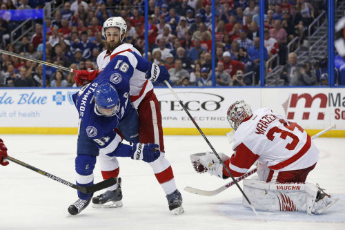 Red Wings Goalie Pete Mrazek has done an excellent job of keeping Steven Stamkos and the Lightning off the scoreboard in this series. (Joel Auerbach – Getty Images)