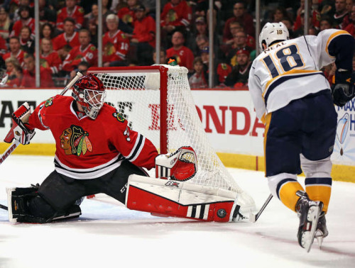 Scott Darling has earned another start for the Hawks against the Predators in their first round series. (Jonathan Daniel – Getty Images)