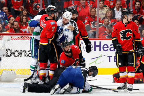 The Vancouver-Calgary series has been one of the most physical series of the first round. (Gerry Thomas – NHLi via Getty Images)