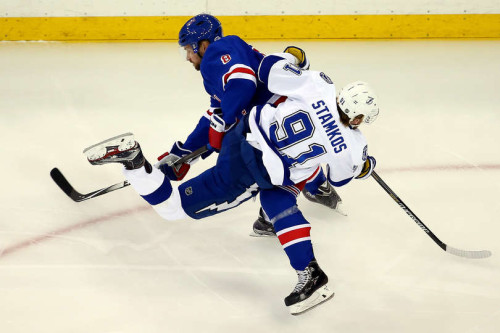Steven Stamkos will be getting plenty of attention from the Rangers blueline. (Elsa – Getty Images)