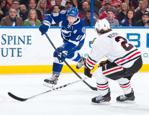 One of Duncan Keith’s top responsibilities will be shutting down Ondrej Palat and the rest of the Triplets line. (Scott Audette – NHLi via Getty Images)