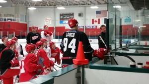 Newly-apointed Griffins coach Todd Nelson leads Team Howe's practice on Day 3 of the Development Camp. July 5, 2015 (Photo by Author)