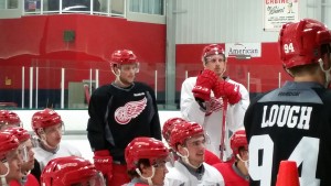 One of Detroit's top forward prospects, Anthony Mantha (white jersey on right) listens to Todd Nelson's instructions. July 5, 2015 (Photo by Author)