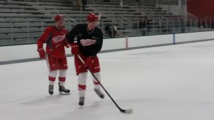 Camp invite Evan Polei (left) and Marc McNulty work on their puck skills. (Photo by Author)