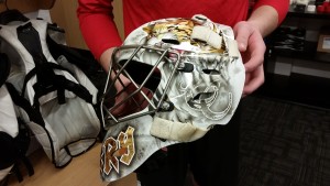 Colorado College's mascot the Tiger depicted on the side of his mask. (Photo by Author)