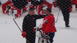 Goalie Joren Van Pottelberghe receives some pointers from Griffins goalie coach Jeff Salajco. (Photo by Author)