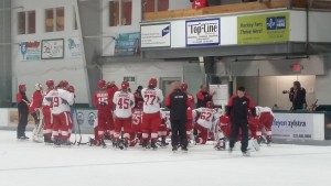 Team Delvecchio receives instructions during Day 1 drills at the Red Wings' training camp. (Photo by Author)