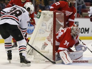 Red Wings goalie Petr Mrazek makes one of his 16 saves in a 4-1 victory over the Chicago Blackhawks Photo: The Associated Press