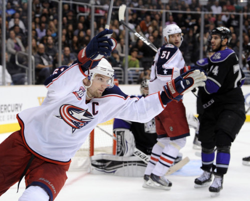 Rick Nash celebrates one of his 289 goals scored as a member of the Blue Jackets - the most in franchise history. (Harry How/Getty Images)
