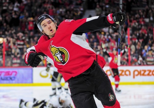 Senators forward Mark Stone celebrates after scoring a goal. Stone was one of the NHL's top rookies in 20014/15. (Steven Kingsman/Icon Sportswire)