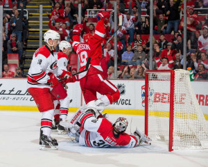 Joakim Andersson celebrates a goal scored by defenseman Jakub Kindl. October, 27, 2015. (Photo by Dave Reginek/NHLI via Getty Images)