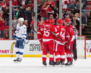 Gustav Nyquist is congratulated by his teammates after his second period power play goal. October 13, 2015. (Photo by Dave Reginek/NHLI via Getty Images)