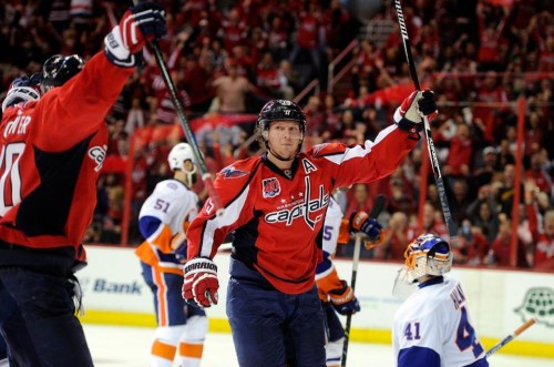 Caps center, Nicklas Backstrom, celebrates with his teammates after scoring a goal against the New York Islanders in the 2015 Stanley Cup Playoffs (Photo by Greg Fiume/Getty Images)