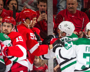 Detroit defenseman Jonathan Ericsson and Dallas forward Ales Hemsky exchange words and shoves after the former was checked from behind. November 8, 2015 (Photo by Dave Reginek/NHLI via Getty Images)