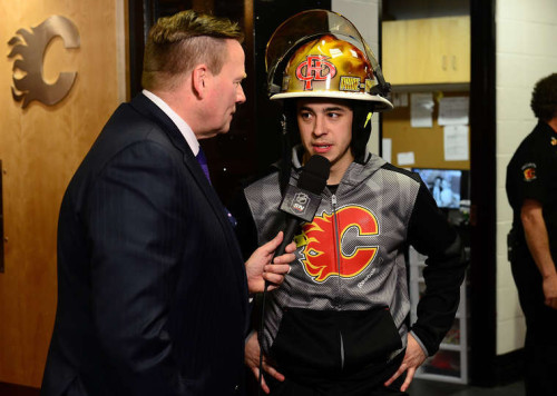 After his hat trick the Johnny Gaudreau was given the coveted fire helmet. Gaudreau wearing the fire helmet has been a common occurrence for the Flames over the course of this winning streak. (Photo by Terence Leung/NHLI via Getty Images)