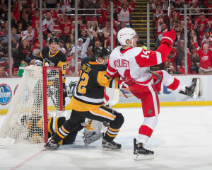 Detroit forward Gustav Nyquist celebrates a goal in a 5-2 loss to the Pittsburgh Penguins on New Year's Eve 2015. (Photo by Dave Reginek/NHLI via Getty Images)