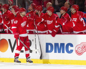 Detroit's Darren Helm celebrates his first period goal during a game against the Philadelphia Flyers at Joe Louis Arena April 6, 2016. (Photo by Dave Reginek/NHLI via Getty Images)