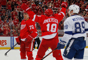 Andreas Athanasiou (72) celebrates his first career playoff goal in Game 3 of the 2016 NHL Playoffs First Round matchup between the Detroit Red Wings and Tampa Bay Lightning. April, 17, 2016 in Detroit, MI. (Photo by Gregory Shamus/Getty Images)