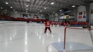 The teams line up for the National Anthem before Game 1 of the annual Prospect Tournament at Centre Ice Arena (Traverse City, MI). Photo by Author