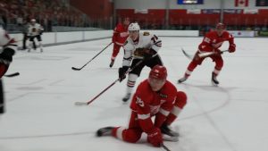 Detroit defenseman Dylan Coghlan takesa knee to block a shot during Game 2 on Saturday. (Photo by Author)