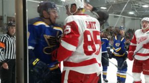 Detroit's Jeff De Wit exchanges words with Blues winger Ivan Barbashev during Monday's Game 3. September 19, 2016. (Photo by Author)