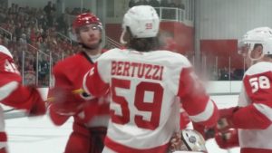 Detroit's Tyler Bertuzzi exchanges words with Carolina's Nicolas Roy during Tuesday's championship game. September 20, 2016. (Photo by Author)