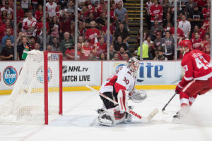 Detroit Red Wings forward Darren Helm scores on a breakaway during Monday's opening night contest at Joe Louis Arena in Detroit, MI. October, 17, 2016. (Photo by Dave Reginek/NHLI via Getty Images)