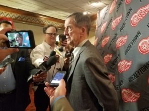 Ted Lindsay speaks to the media before dropping the ceremonial puck on Tuesday, November 29th. Joe Louis Arena. Detroit, MI. (Photo by Author)